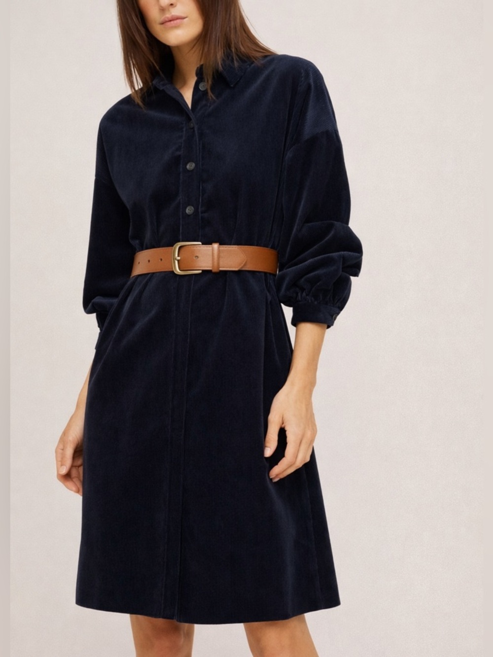 Weekend Max Mara Navy Corduroy Shirt Dress Belted Long Sleeve Button Midi Size 8